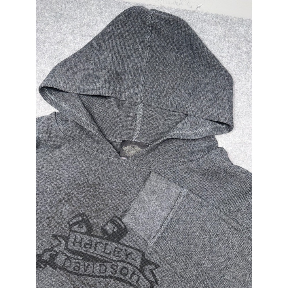 Harley Davidson Hoodie Mens L Gray Waffle Knit Thermal Logo Print Long Sleeve